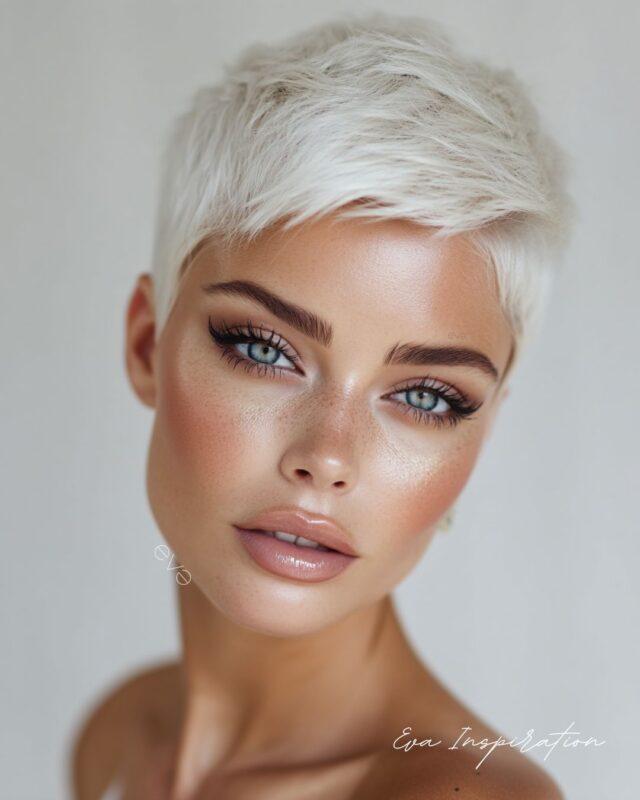 Pixie blanc très court, une coupe lumineuse et moderne qui souligne les traits avec intensité.