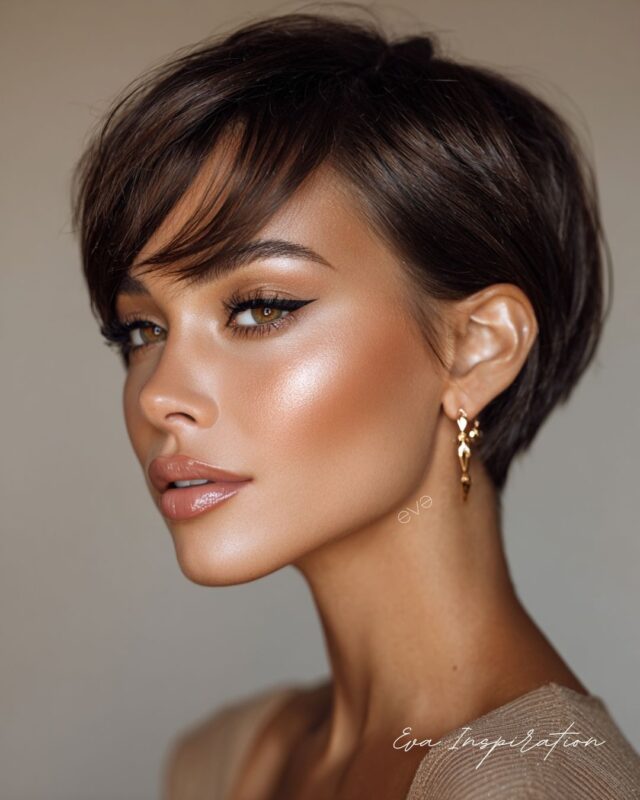 Pixie brun élégant, une coupe courte intemporelle qui joue sur la simplicité et la finesse.