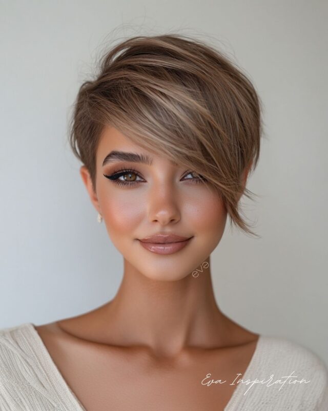 Pixie long asymétrique, une coupe moderne et élégante qui mise sur le contraste des longueurs.