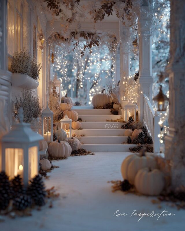 Idée de décoration automnale pour escaliers avec citrouilles blanches, lanternes et pommes de pin dans une ambiance féerique.