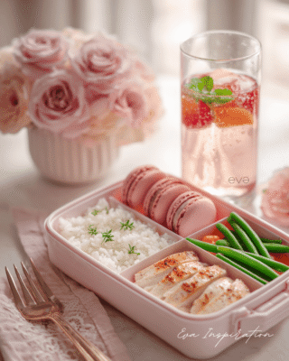 Lunchbox rose avec riz blanc, tranches de poulet grillé, haricots verts, tomates cerise et trois macarons roses – déco féminine