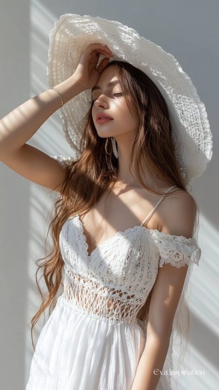 robe-blanche-ete-brette-fine-epaule-tombante-dentelle-taille-chapeau-blanc-outfit-tendance