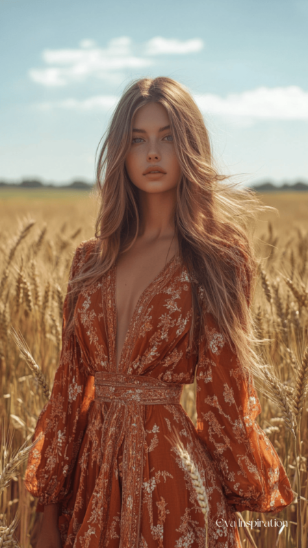 robe-imprime-tarracotta-manche-longue-decollete-V-ceinture-style-boho