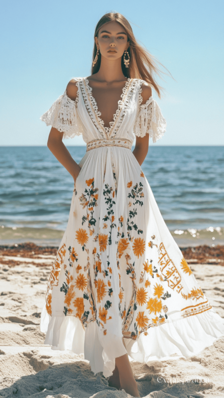 robe-longue-boheme-ete-2025-tendance-manche-dentelle-epaule-denude-longue-fleuri-blanche-et-orange-ceinture-dentelle