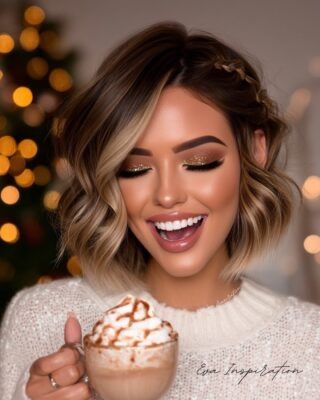 Idée maquillage Noël tendance avec paillettes dorées et rouge à lèvres caramel – Eva Inspiration