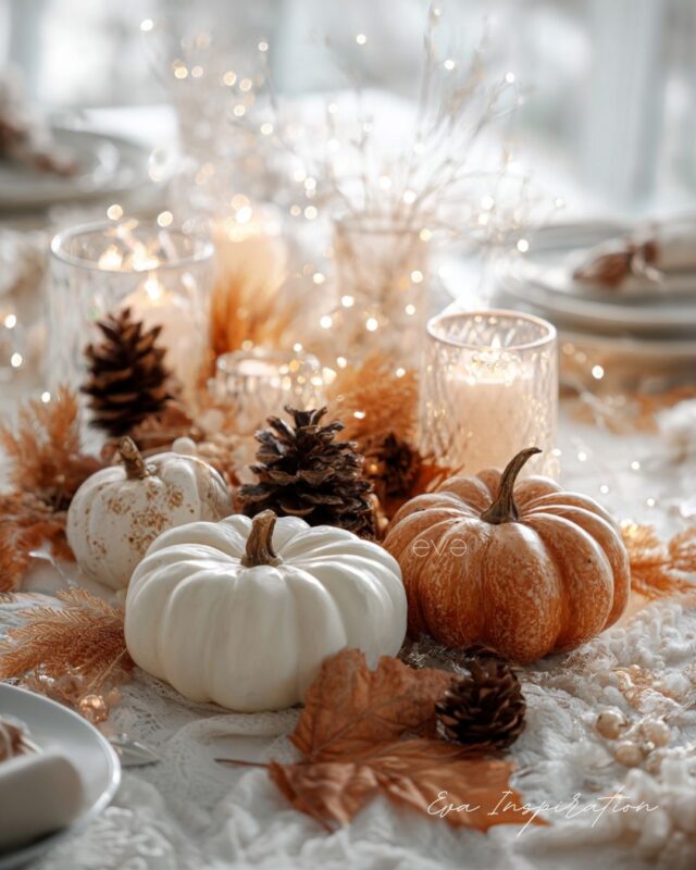 table automne décoration citrouilles blanches et oranges