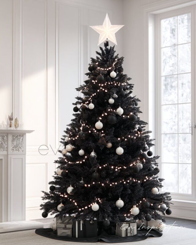 Sapin de Noël noir et blanc minimaliste avec boules mates et guirlandes sobres eva inspiration deco