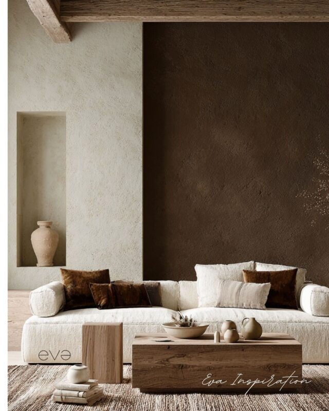 Déco salon moderne cacao et beige avec canapé en lin et table en bois clair