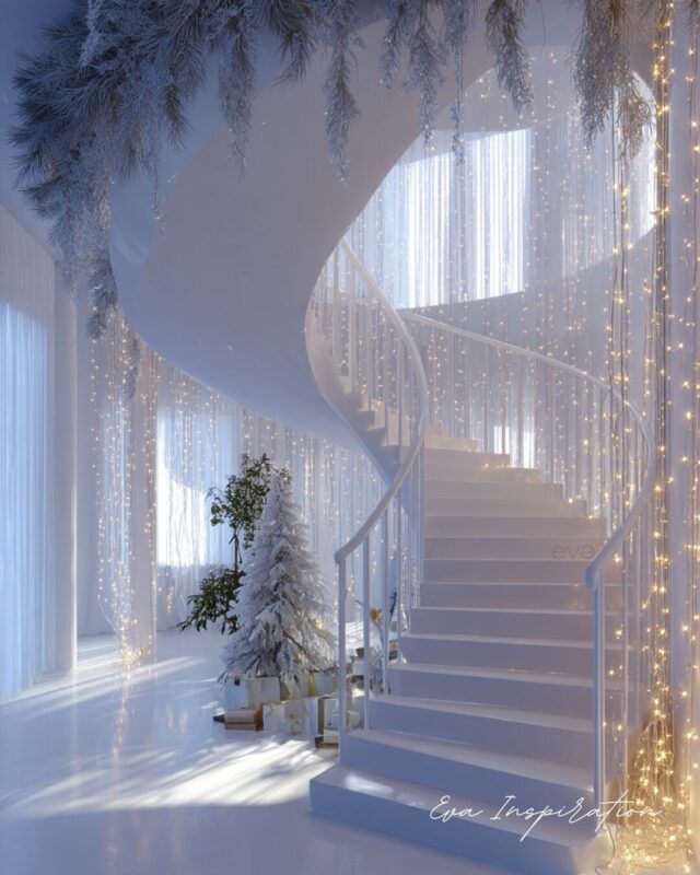 Escalier colimaçon blanc décoré avec guirlandes lumineuses et sapins pour Noël