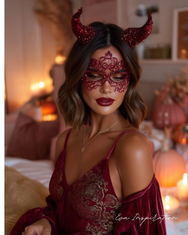 Femme déguisée en diablesse glamour Halloween, robe velours bordeaux, cornes rouges scintillantes et maquillage arabesque rouge glitter.