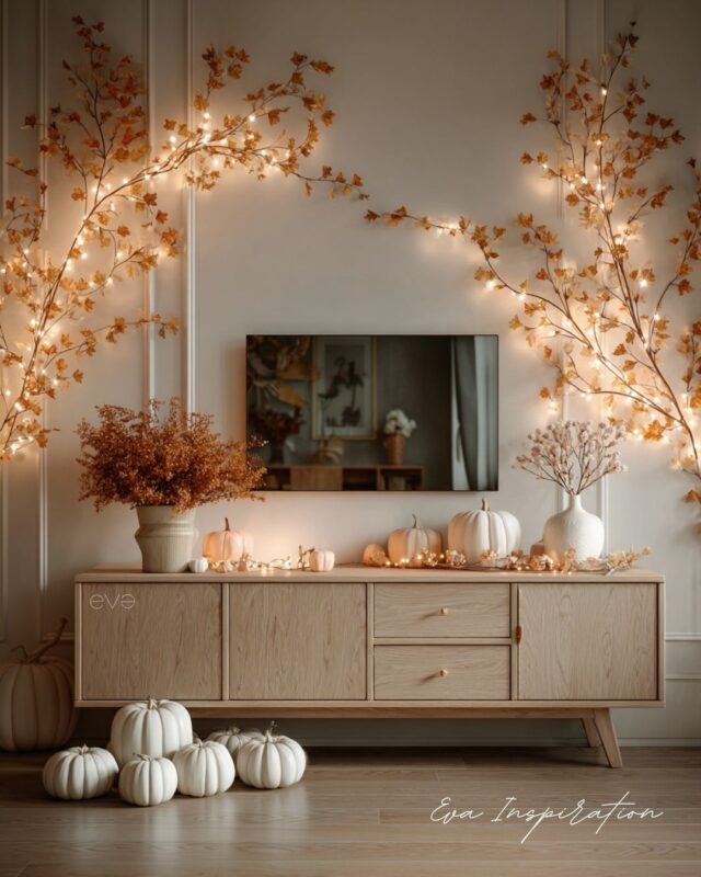 Console en bois avec fleurs séchées, bougies et citrouilles claires décoratives.