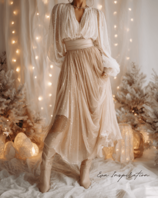 Look femme Noël : blouse blanche fluide et jupe beige brillante dans ambiance féerique