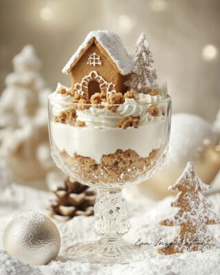 Verrine de Noël à la crème et crumble, décorée d’une maison en pain d’épices et d’un sapin biscuit givré, servie dans un verre chic.