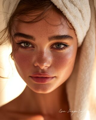 Femme au teint naturel, serviette autour de la tête, peau sensible exposée à une lumière douce