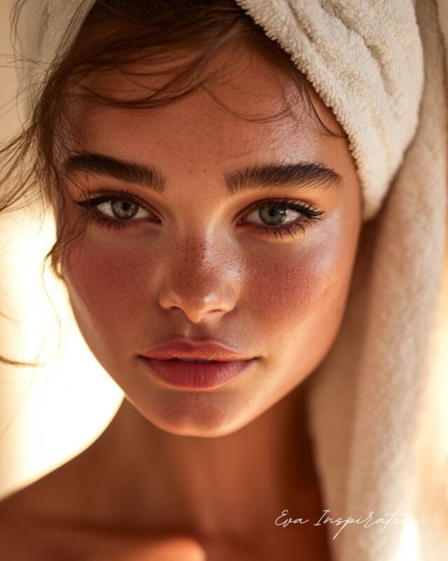 Femme au teint naturel, serviette autour de la tête, peau sensible exposée à une lumière douce